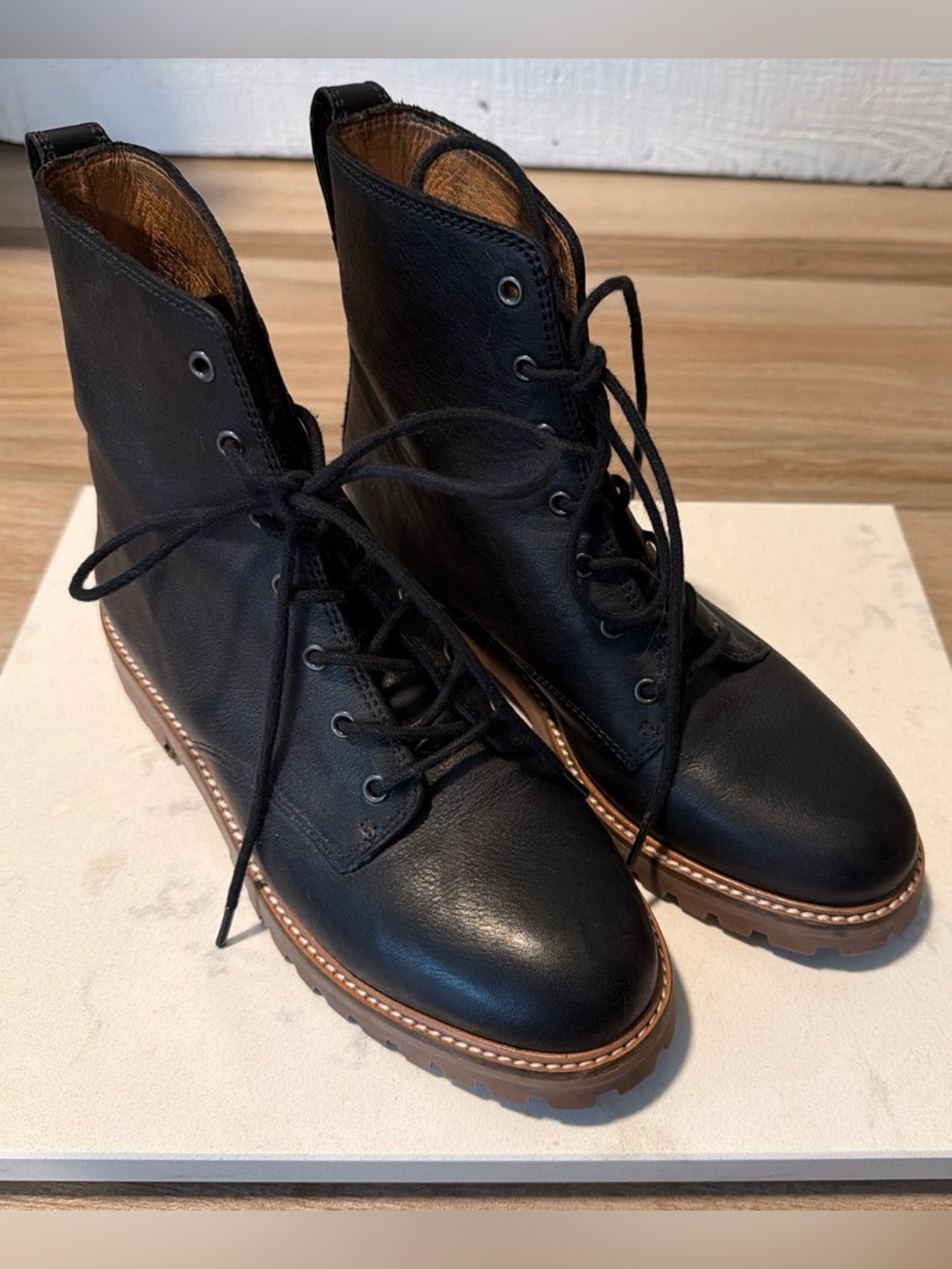 Madewell Clair Black Leather Lace-Up Lugsole Combat Boots